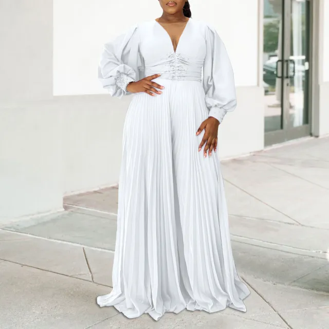 Women's Wide leg Pleated African Jumpsuit Slightly Elastic White - Shop at LoveMi