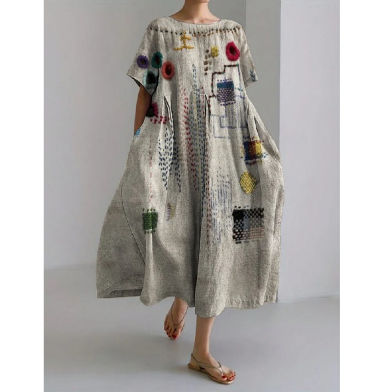 Women's Loose Round Neck Fashion Premium Short Sleeve Printed Dress