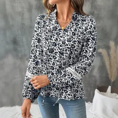 Casual Elegant Retro V-neck Lace-up Floral French Shirt - Navy Blue - View 1