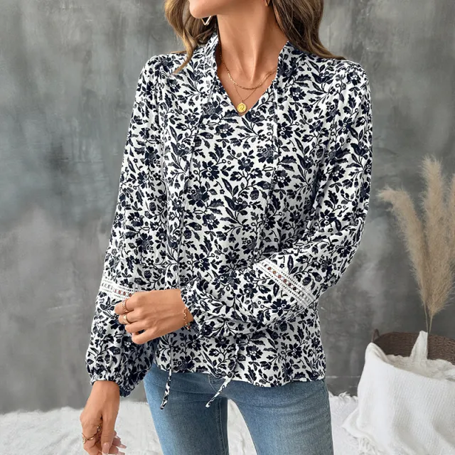 Casual Elegant Retro V neck Lace up Floral French Shirt Navy Blue - Shop at LoveMi
