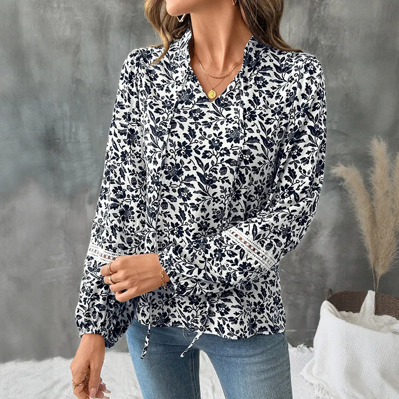 Casual Elegant Retro V-neck Lace-up Floral French Shirt - Blue
