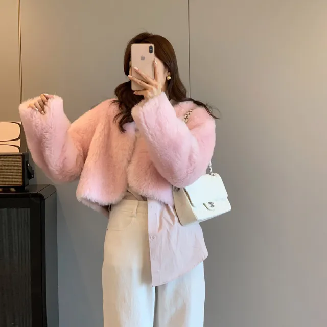 Women's V neck Korean style Fur Coat Tenderness Girl Pink - Shop at LoveMi