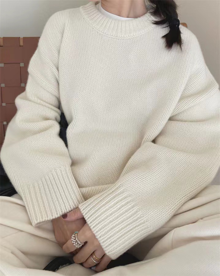Cashmere Round Neck Knitted Thickened Plus Size Sweater White - Shop at LoveMi