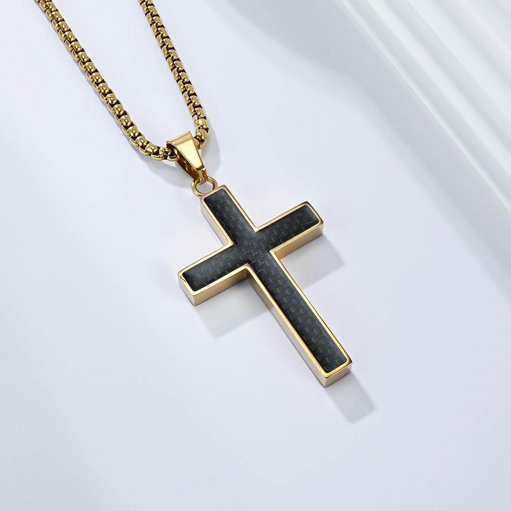 Titanium Steel Cross Necklace With Carbon Fiber Inlay Mens