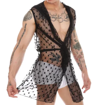 Men's Transparent Fashion Lace Mesh Bathrobe