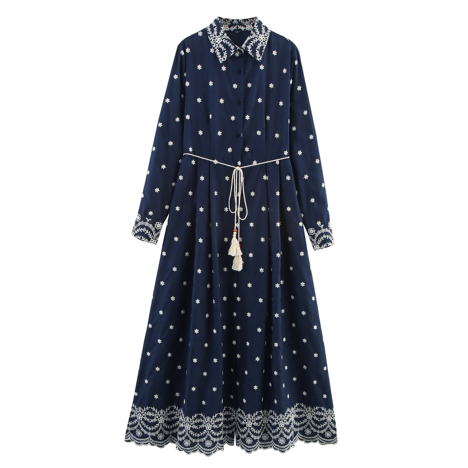 Embroidered Lapel Shirt Hemp Rope Belt Decorative Dress Red - Shop at LoveMi