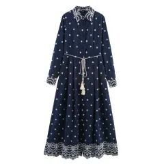 Embroidered Lapel Shirt Hemp Rope Belt Decorative Dress - Blue - View 1