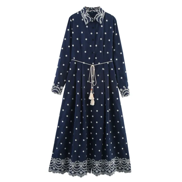 Embroidered Lapel Shirt Hemp Rope Belt Decorative Dress Blue - Shop at LoveMi