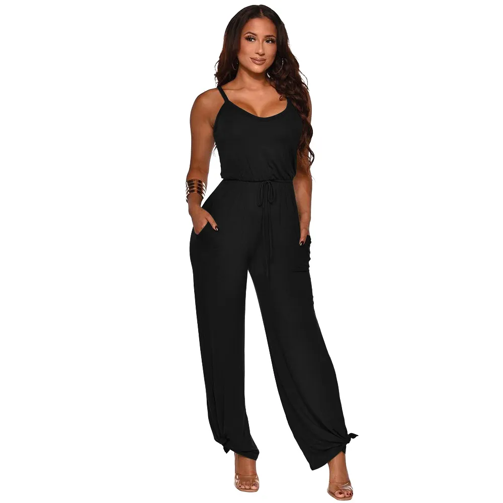 Women's Cotton-like High Waist Jumpsuit - Os6059 Black