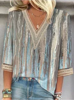 Women's Loose New Multi-color Floral Print Stitching Lace Mid-sleeve V-neck T-shirt - 1Figure - View 1
