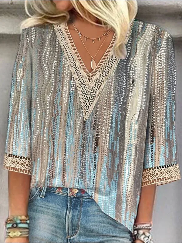 Women's Loose New Multi color Floral Print Stitching Lace Mid sleeve V neck T shirt 1Figure - Shop at LoveMi