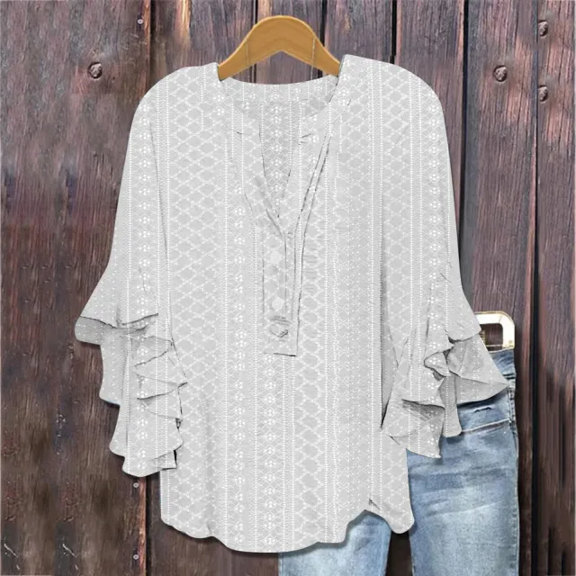 Printed Casual Trend V neck Flounce Sleeve T shirt White - Shop at LoveMi