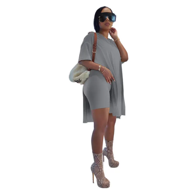 Hot Summer Short Sleeve Suit European And American Solid Color Mid length Split Short Sleeve Shorts Suit Grey - Shop at LoveMi
