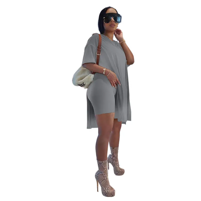 Hot Summer Short Sleeve Suit European And American Solid Color Mid-length Split Short Sleeve Shorts Suit - Grey
