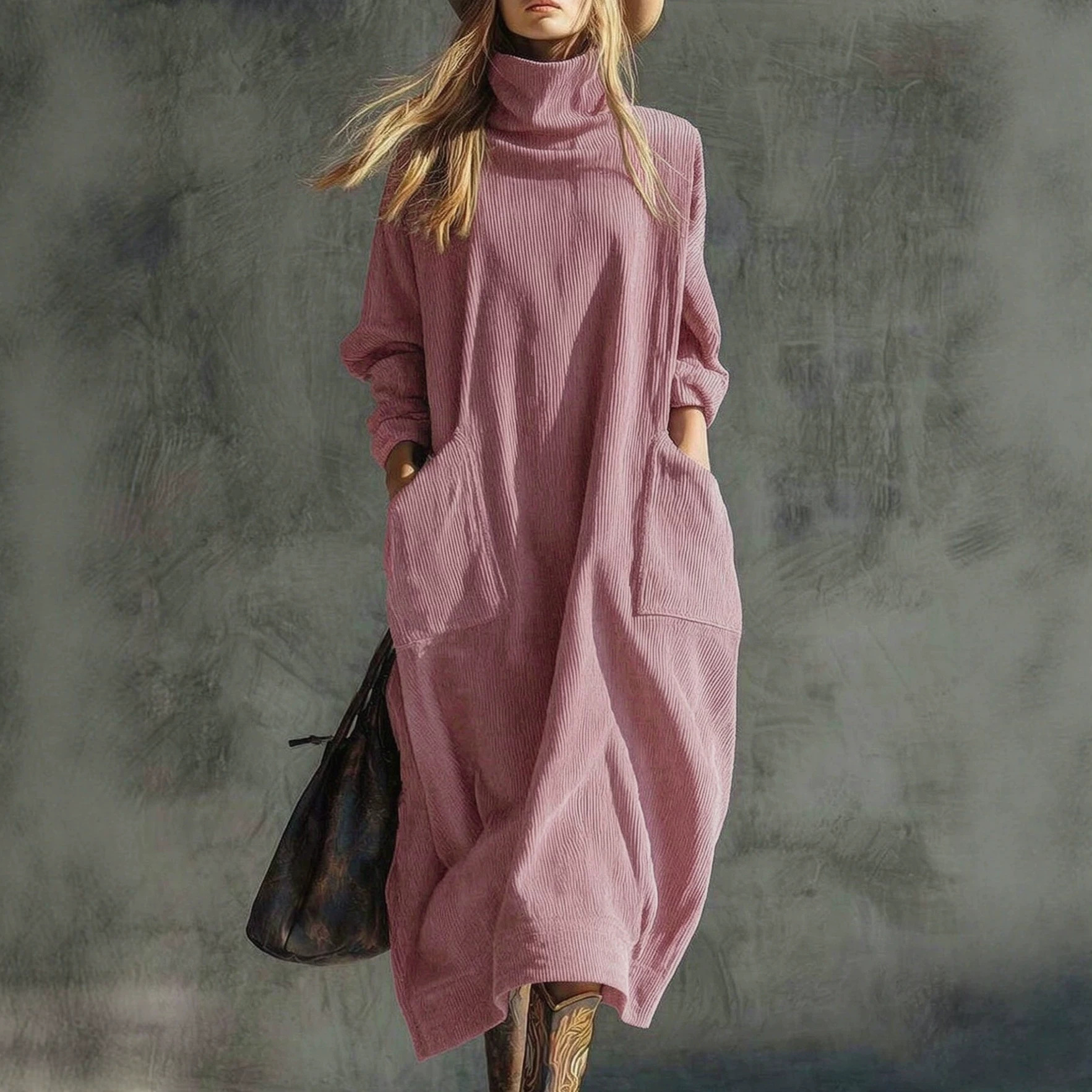 Corduroy Slimming Long Dress With Two Pockets For Women