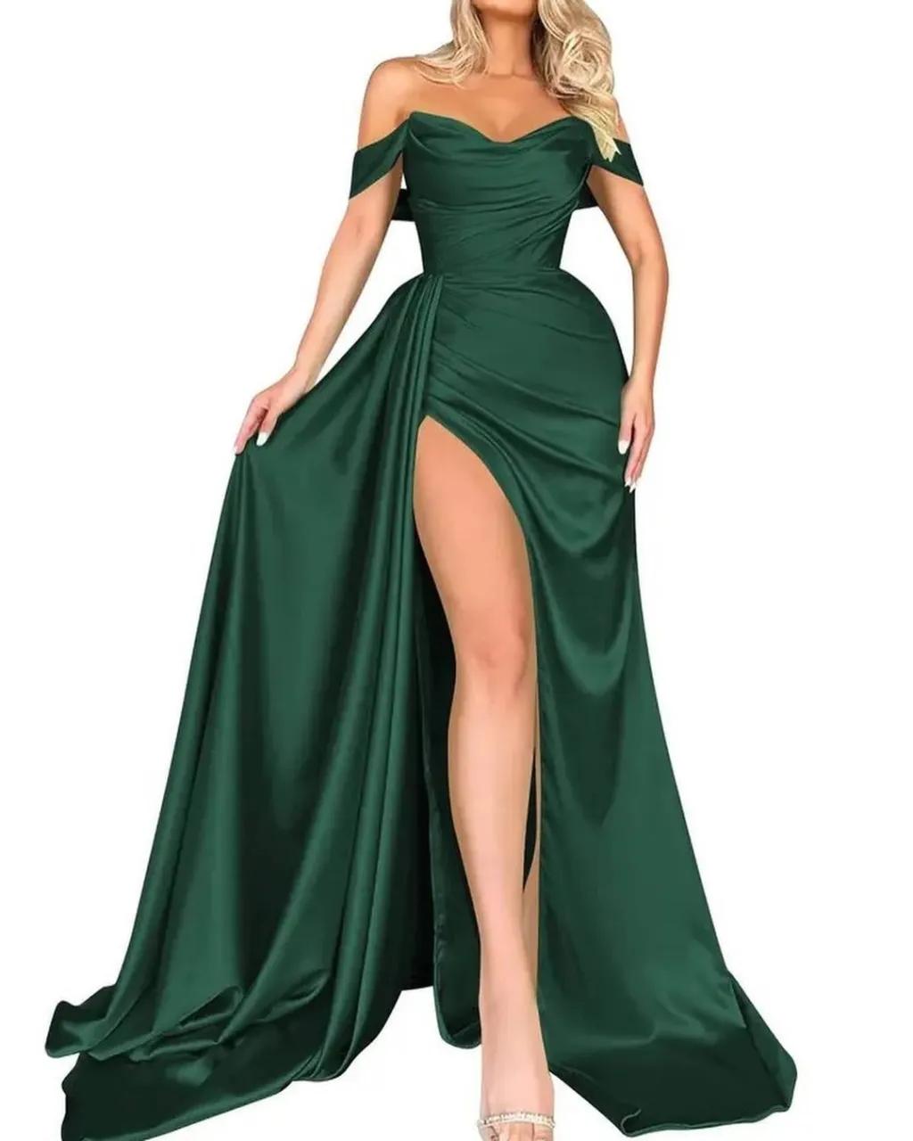 Banquet High Slit Sexy Host Off-shoulder Slimming Party Evening Dress - Dark Green