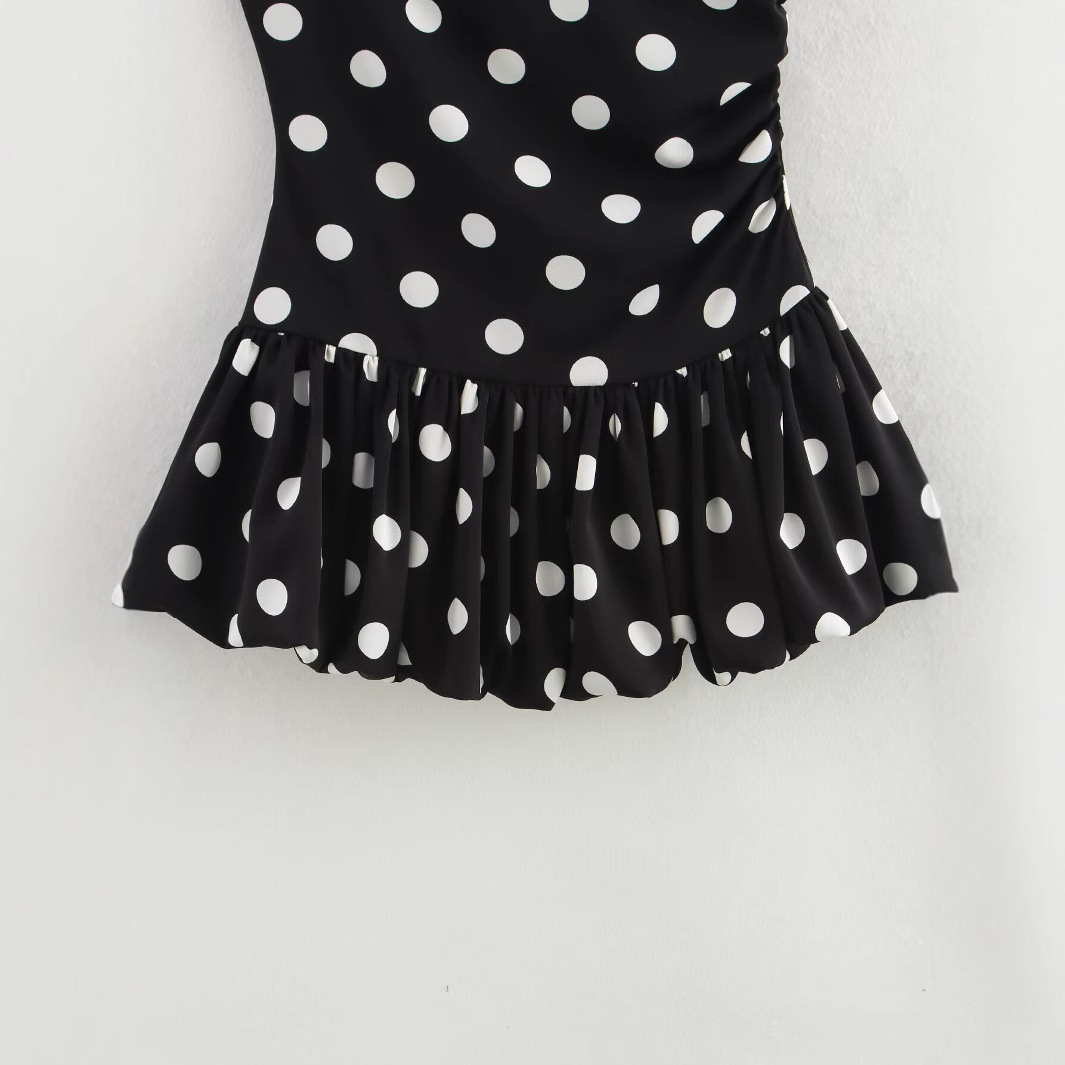 Simple And Thin Slim-fit Dots Sloping Shoulder Dress