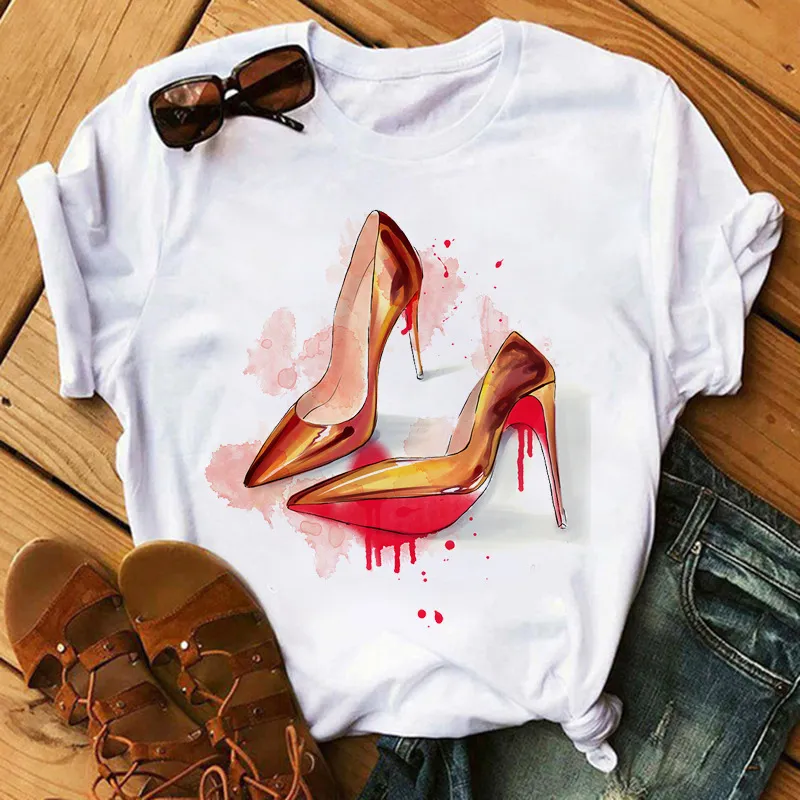 Women's High Heels Pattern Cute Loose Top T-shirt - 5339-M