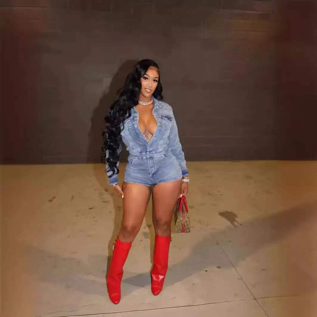 Long-sleeve Sexy Slim-fit Stretch Denim Shorts Jumpsuit
