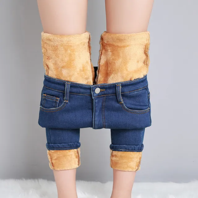 High Waist Velvet Thickening Denim Female Stretch Feet Pants Dark Blue - Shop at LoveMi