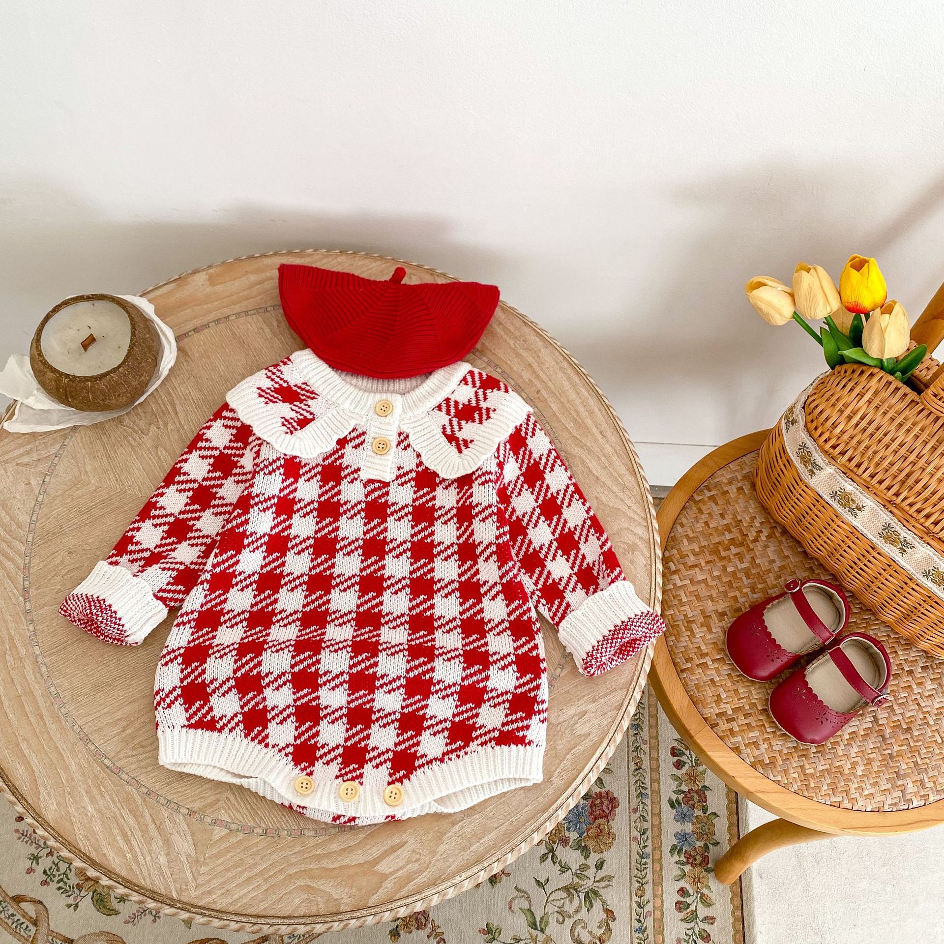 Title 16, Autumn Baby Girl Red Houndstooth Cotton Yarn Kn...