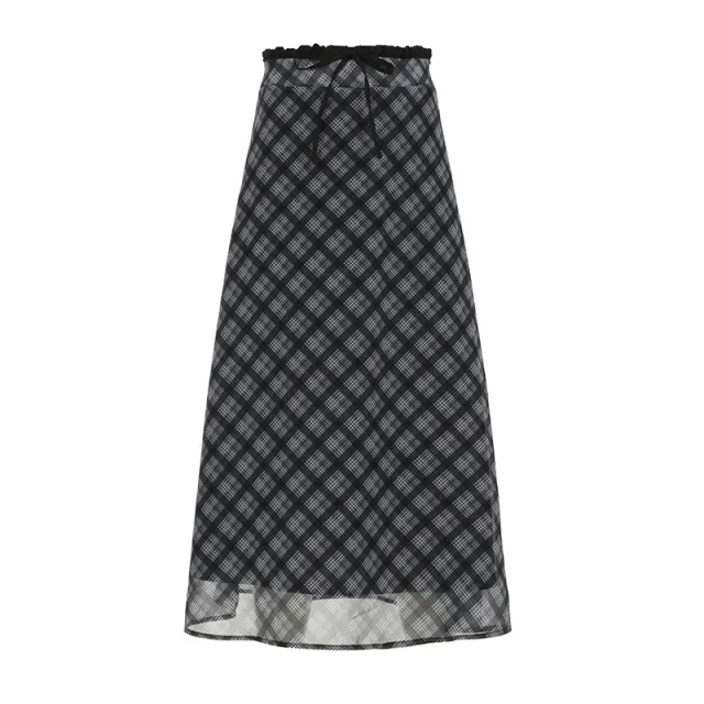 Retro Plaid Chiffon Patchwork Straight Skirt Black - Shop at LoveMi