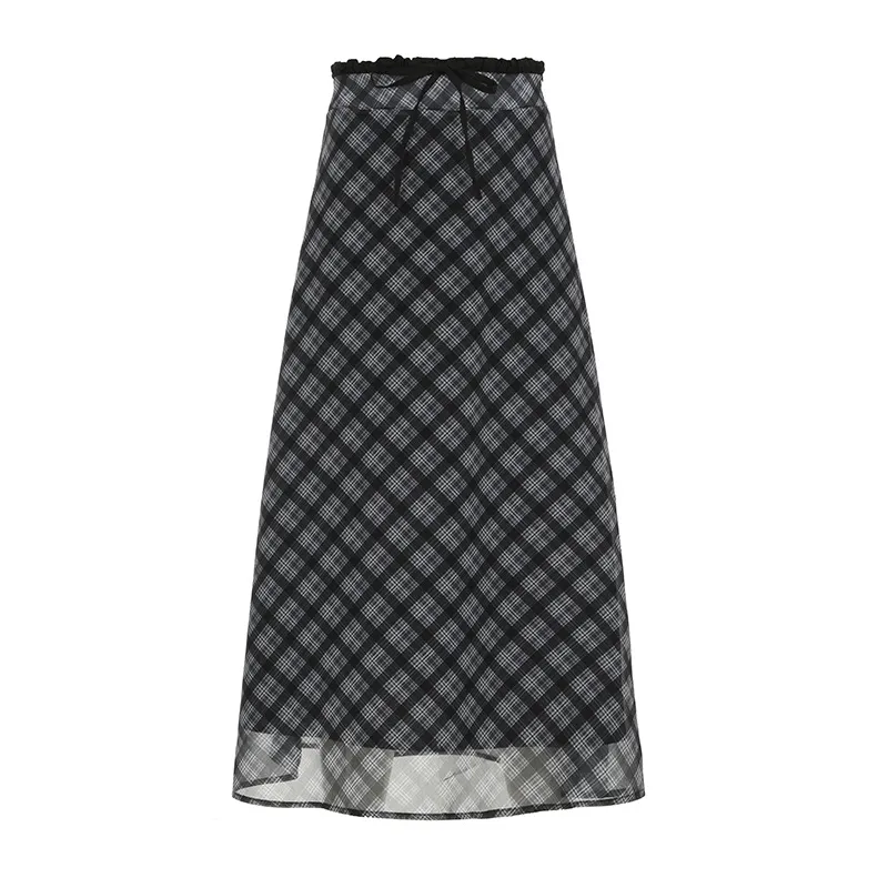 Retro Plaid Chiffon Patchwork Straight Skirt - Black