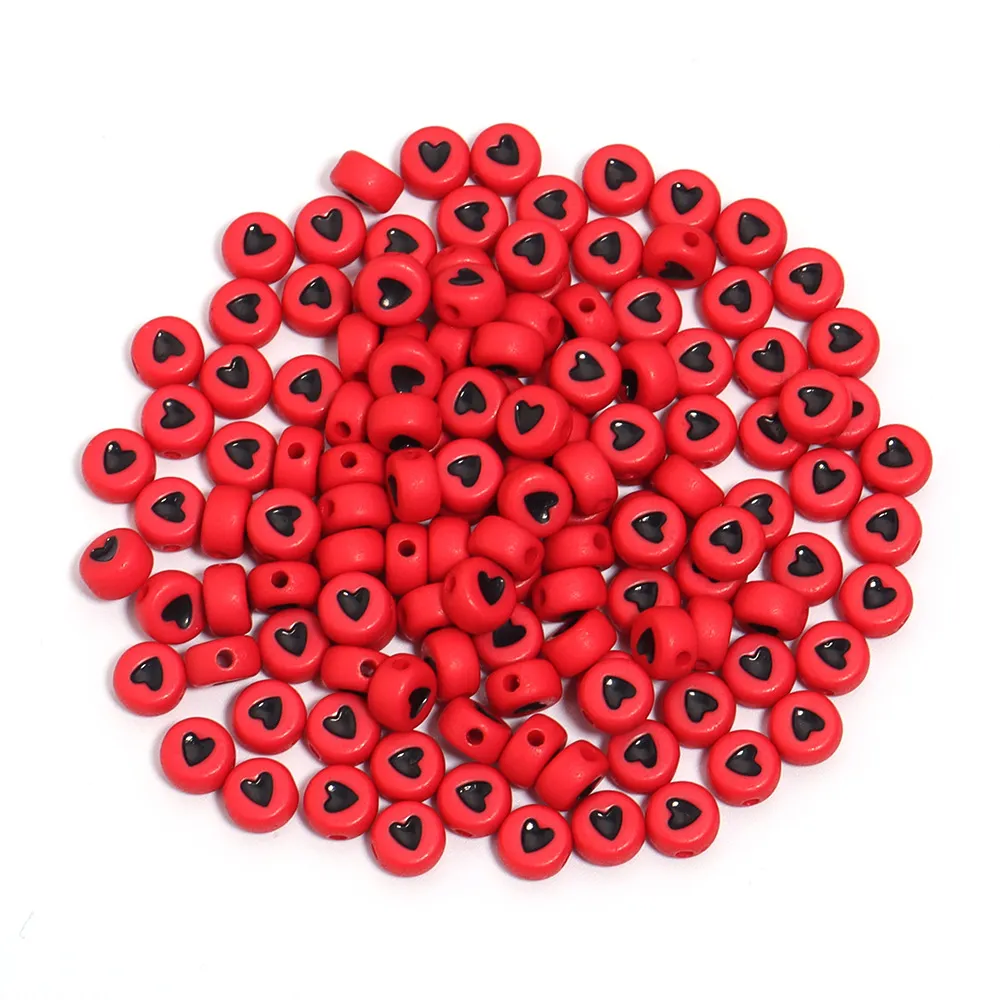 Acrylic Flat Round Coloured Loving Heart Beads Diy Handmade - Red Bottom Black Heart