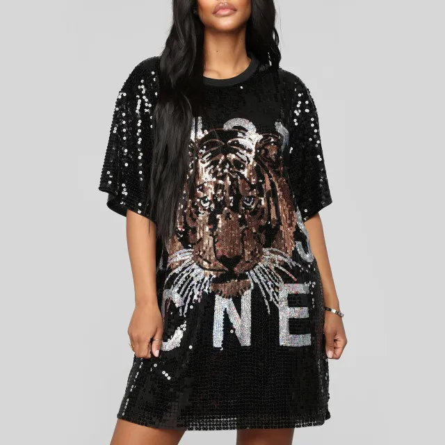 Women's Pearl Embroidery Mid length Loose Top Black Tiger Head - Shop at LoveMi
