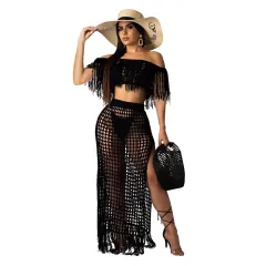 Hollow-out Handmade Tassel Off-shoulder Beach Skirt Suit - Black - View 1