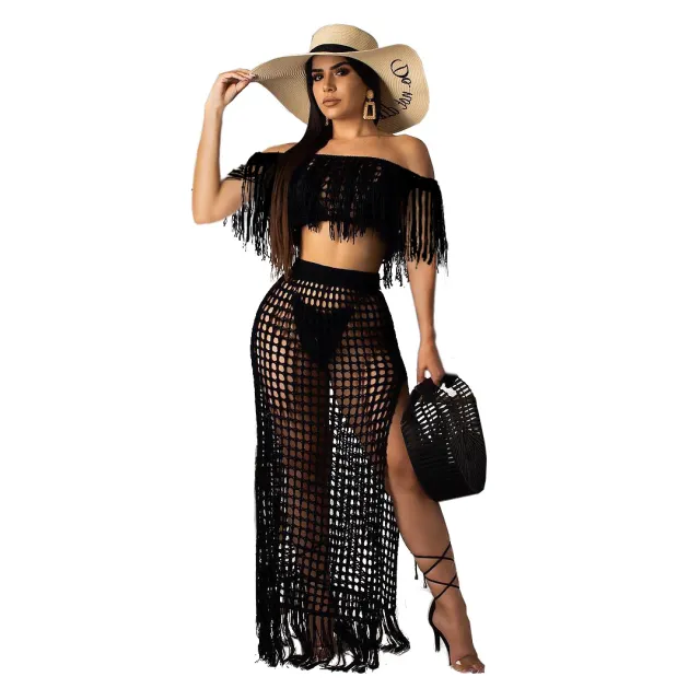 Hollow out Handmade Tassel Off shoulder Beach Skirt Suit Black - Shop at LoveMi