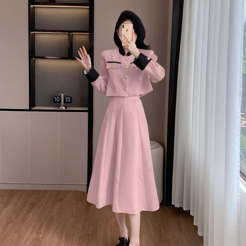 Socialite Temperament Twinset Contrast Color Top High Waist Skirt Suit