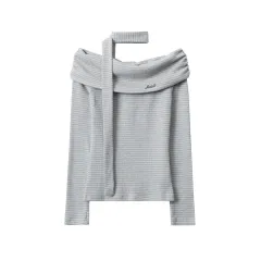 European And American Striped Contrast Color Off-shoulder Design Long Sleeve - Gray White - View 1