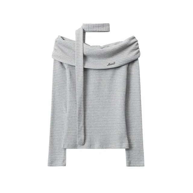 European And American Striped Contrast Color Off shoulder Design Long Sleeve Gray White - Shop at LoveMi