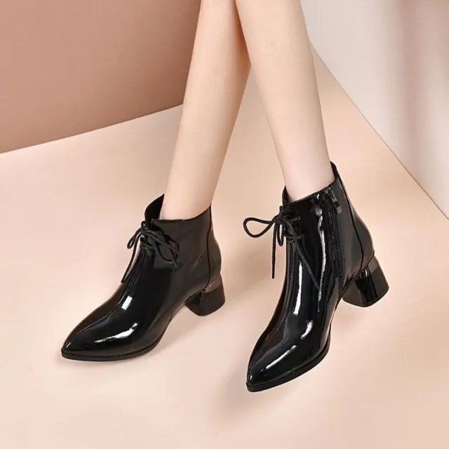 Chunky Heel Pointed Toe Mid Heel Elegant Martin Boots Patent Leather Women Black - Shop at LoveMi