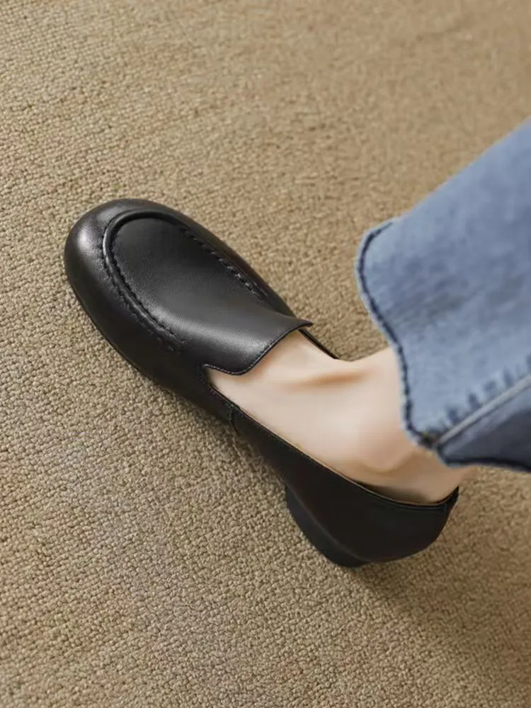 Retro Style New Round Toe Flat Bottom Loafers Slip-on British Soft Bottom Pumps Women - Black