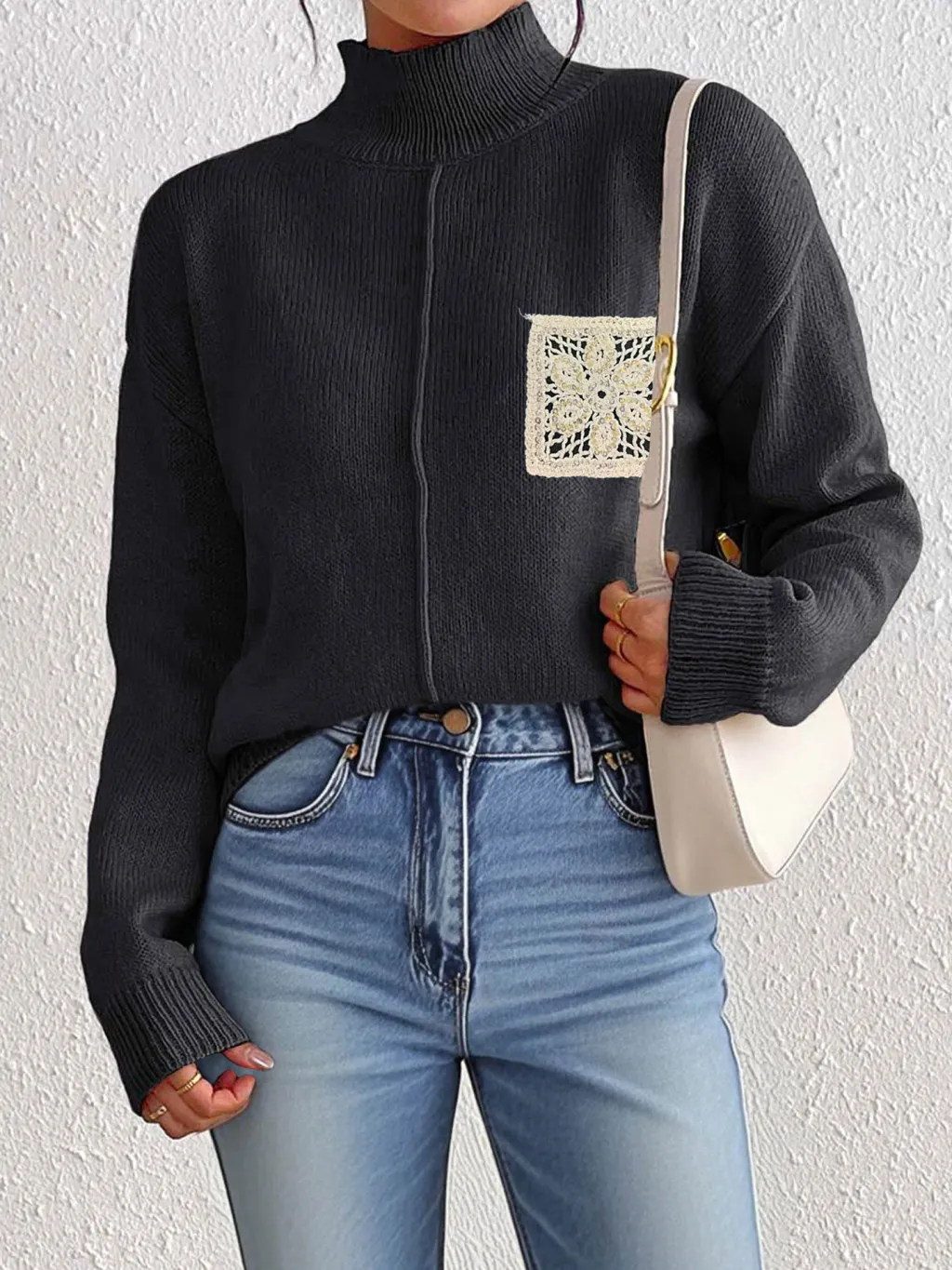 Women's Pure Color Half Collar Sequined Hollow-out Pocket Stitching Sweater - Black
