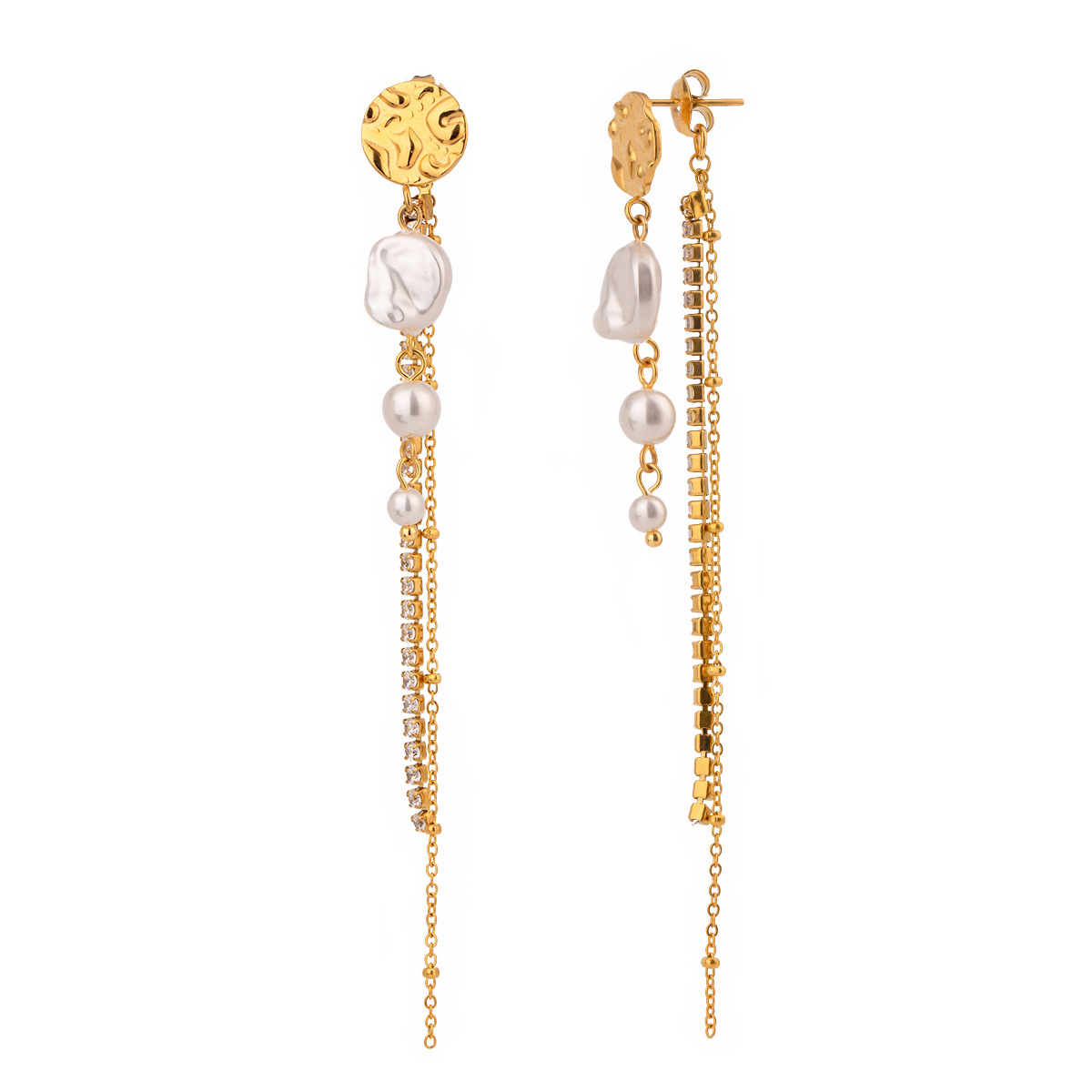 18K Dold Pearl White Zircon Claw Chain Tassel Earrings