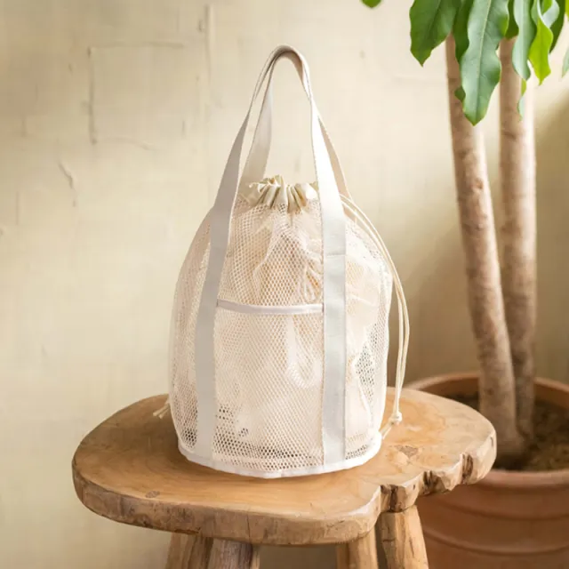 Travel Storage Bag Mesh Hollow Out Handbag Drawstring Wash Bag White - Shop at LoveMi