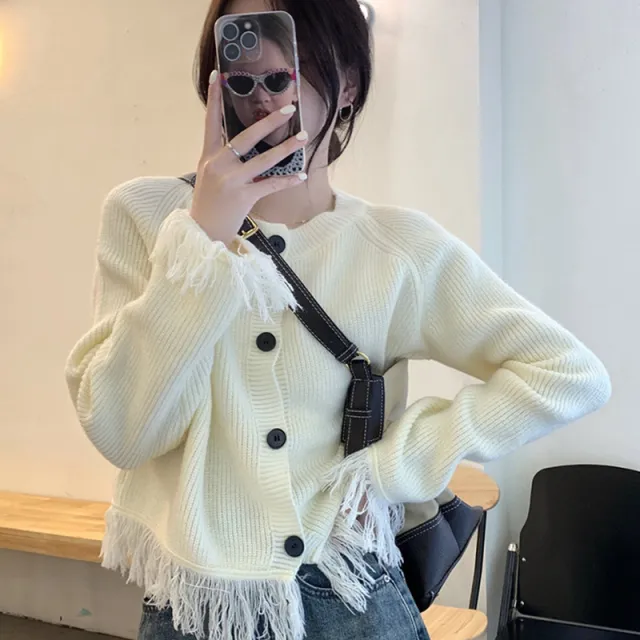 Tassel Knitted Sweater Cardigan Coat Beige - Shop at LoveMi
