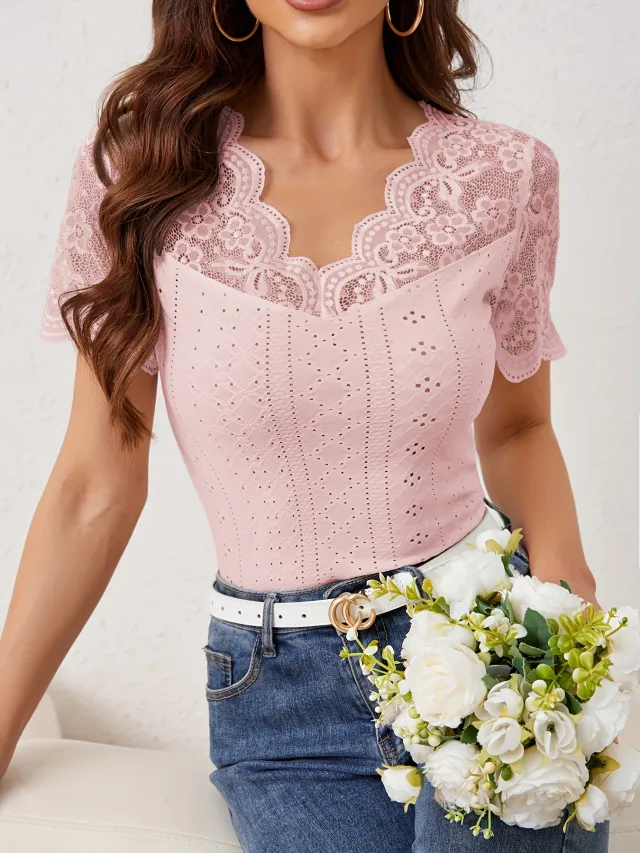 New Fan shaped Front And Back V neck Lace Stitching Slim Fit Slimming T shirt Short Sleeve Pink - Shop at LoveMi