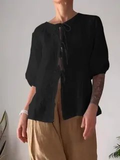 Fashion Casual Solid Colour Round Neck Tied Shirt Wide Leg Pants Two-piece Set - Black Shirt Khaki Pants - View 1