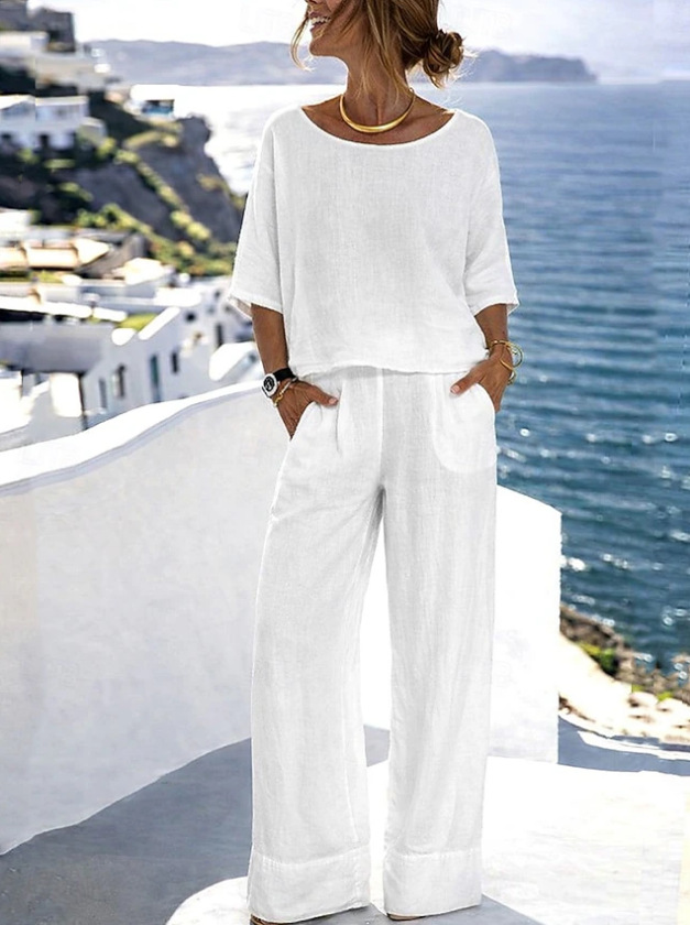 Women's cotton linen resort set in matcha green – wide-leg pants and short sleeve top