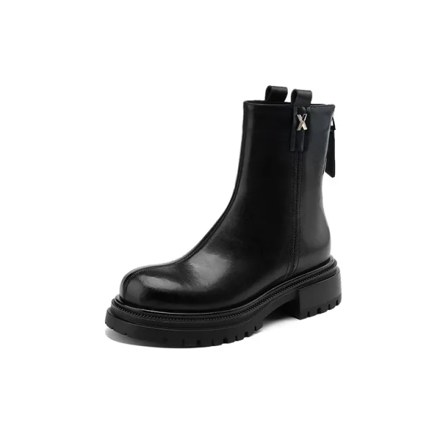 Round Head Chunky Heel Inside And Outside Leather Color Matching Smoke Tube Ankle Boots Black - Shop at LoveMi