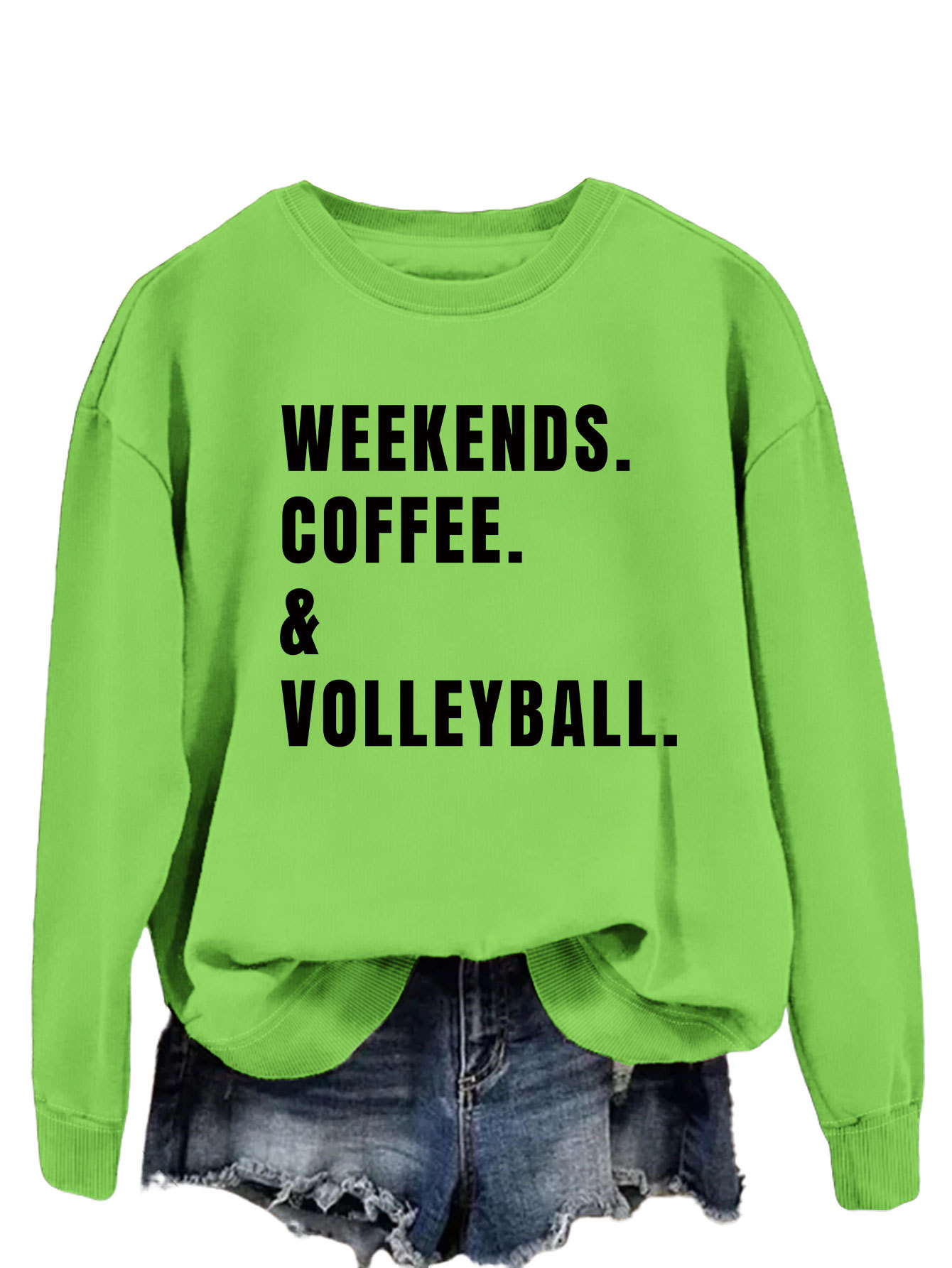 Women's Simple Round Neck Long Sleeve Loose Sweatshirt Fluorescent Green Black Font - Shop at LoveMi