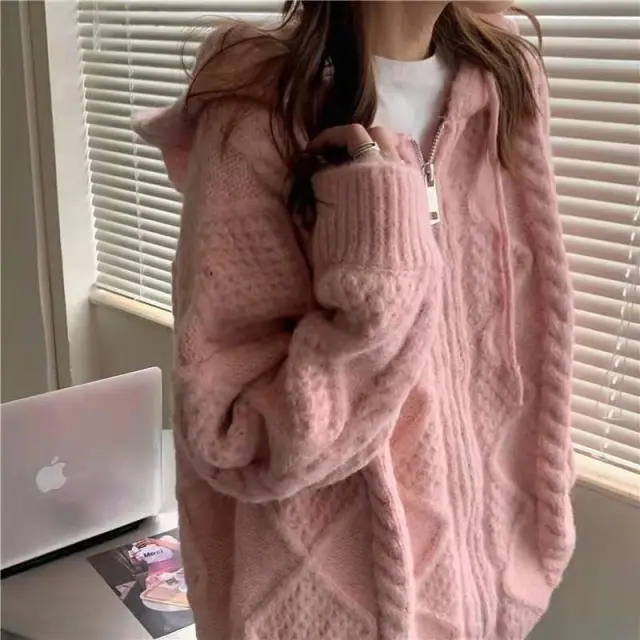 Twist Vintage Loose And Idle Outerwear Sweater Hooded Cardigan Coat Pink - Shop at LoveMi