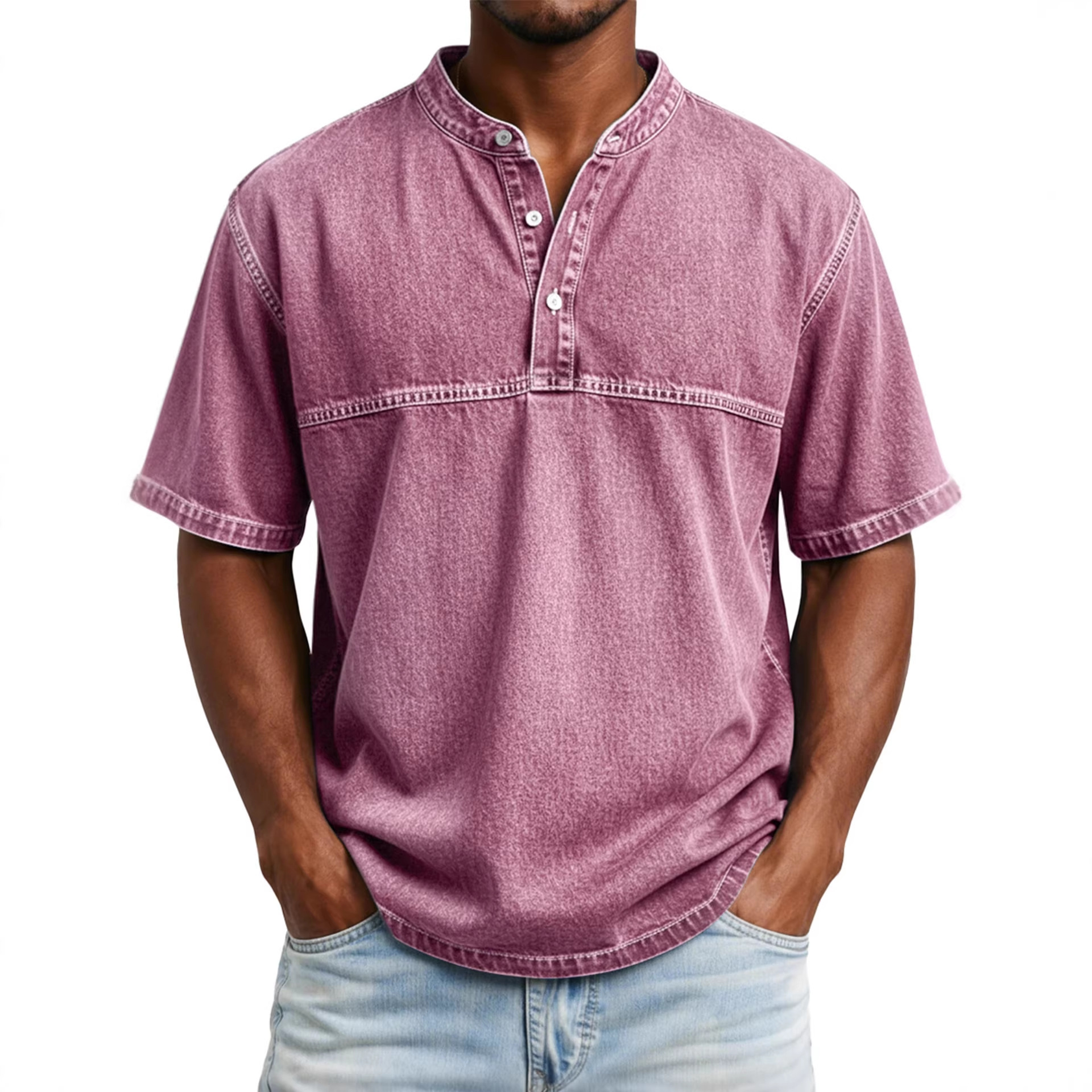 Straight-shoulder Crewneck Three-button Short-sleeve Henley Print Shirt