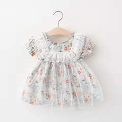 Summer Printed Short Sleeve Girl Dress - Light Blue - View 1