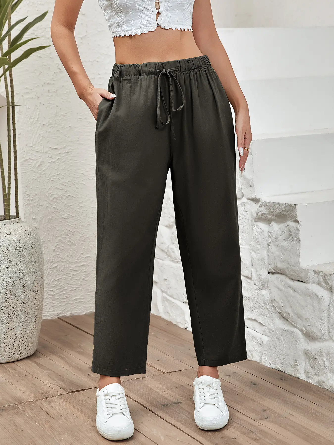 Women's Drawstring Elastic Cotton And Linen Casual Cropped Pants