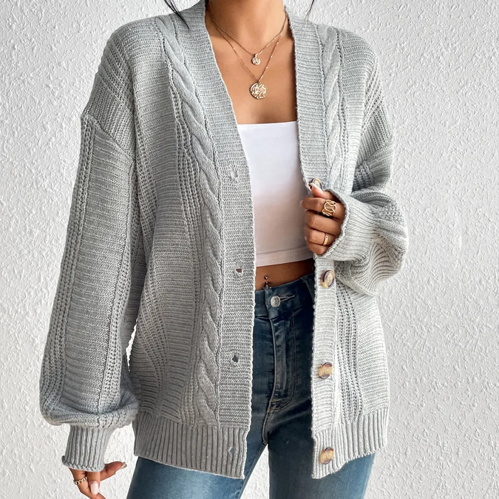 Simple Hemp Pattern Button Women's Overcoat - Gray
